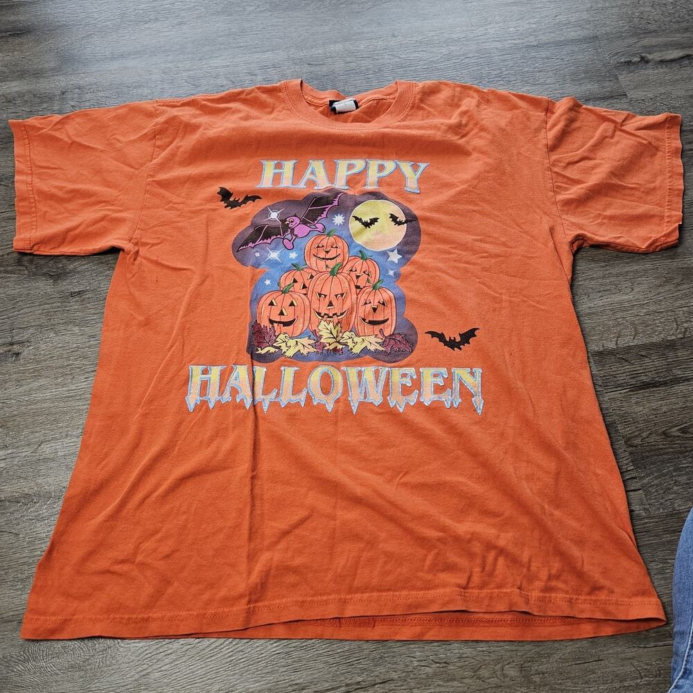 Vtg Happy Halloween Shirt Adult XL Orange Haunted Pumpkin Bats Time 2 Celebrate